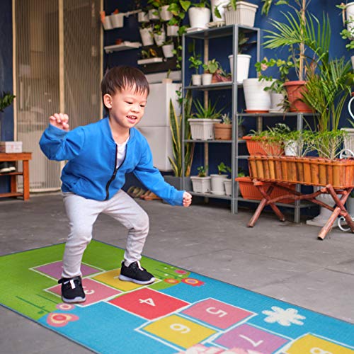 Relaxdays Kinderteppich Hüpfspiel, 180 x 70 cm, 10 Hüpfkästchen, Kurzflor, gummierte Unterseite, Spielteppich, bunt