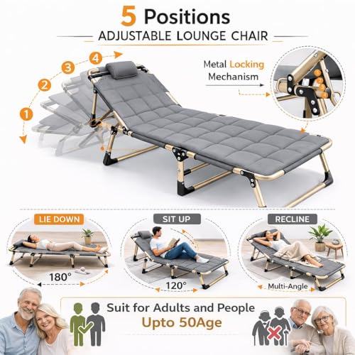 Image of Hukimoyo 5 in 1 Folding Bed Single for Sleeping with Mattress 6Ft Adjutable Adults Foldable Bed for Traveling Portable Recliner Camping Cot beds on Floor for Travel Home(150kg)