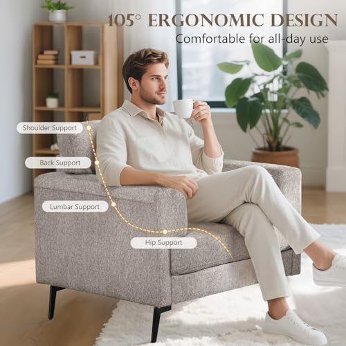 CDCASA Accent Chair, Linen Fabric Oversized Mid Century Modern Chair Set of 1, Comfy Upholstered Armchair Reading Accent Chairs Sofa Chairs for Bedroom Living Room, Light Brown