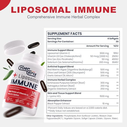 Cybercerix LI0001 Advanced Liposomal Immune Supplement, Complex With L-Lysine 1,500Mg, Vitamins, Minerals & Herbal Extracts, Comprehensive Daily Wellness Blend For Men & Women - 120 Capsules thumb #1