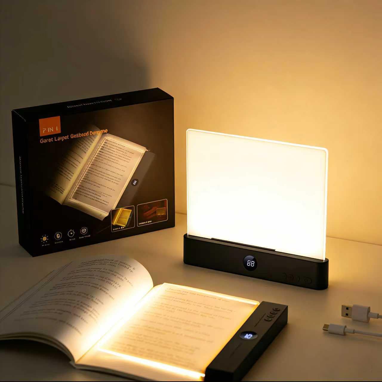 Smart LED Reading Light, Rechargeable Flat Book Light for Night Reading, Dimmable Full Page Panel Lamp with 3 Colors & Timer, Eye Protection Portable Lamp for Bedside, Travel, Study