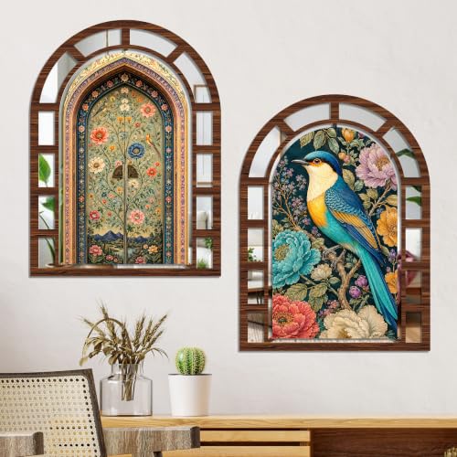 Image of Artvibes Bird & Blossom Theme Decorative Wall Accent | Jharokha Mirror Wall Hanging for Living Room, Bedroom, Hall, Foyer, Dining Room, Office & Entrance | Gift (WHJ 12055N), Set of 2
