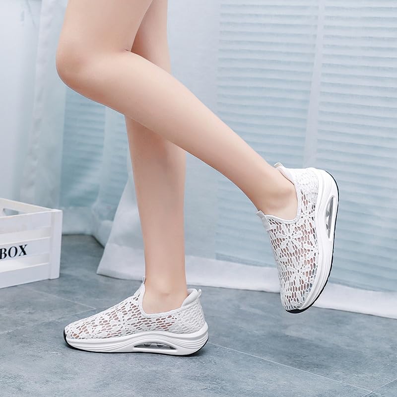 RZDYSQ Women's Floral Embroidery Lace Mesh Air Cushion Sneakers, Orthopedic Breathable Slip On Platform Loafers (White,US-6.5)3
