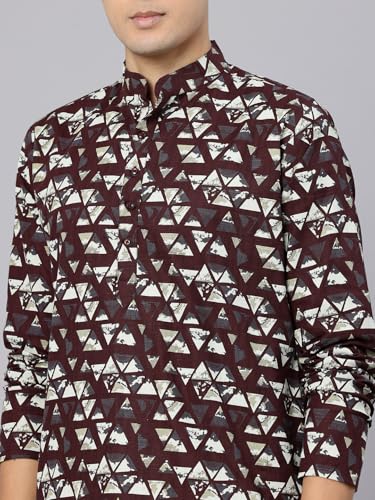 Image of Majestic Man Men's Regular Fit Ethnic Motifs Printed Pure Cotton Long Kurta with Mandarin Collar & Full Sleeves