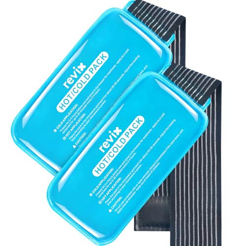 REVIX Paquetes de hielo para heridas reutilizables, 2 paquetes de paquetes de gel fríos y calientes con diseño de refrigeración en PVC y correa ajustable (25,4 x 12,7 cm)