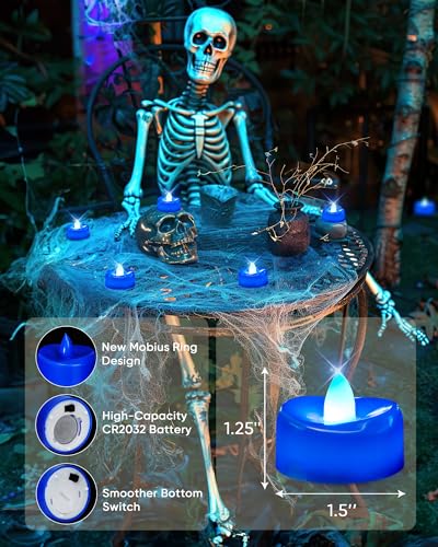 Image of merrynights Flameless Candles, 24 Pack Tea Lights Candles Battery Operated, LED Tealight Candle, Realistic Tea Lights for Halloween Christmas Party Decor -D 1.5 inch x H 1.25 inch -Blue Candle