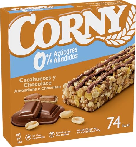 Corny 0%, Barrita de Cacahuetes y Chocolate con Leche, Sin Azúcares Añadidos, Con Cereales Integrales, Sabor Crujiente y Delicioso, 6x20g, 10ud