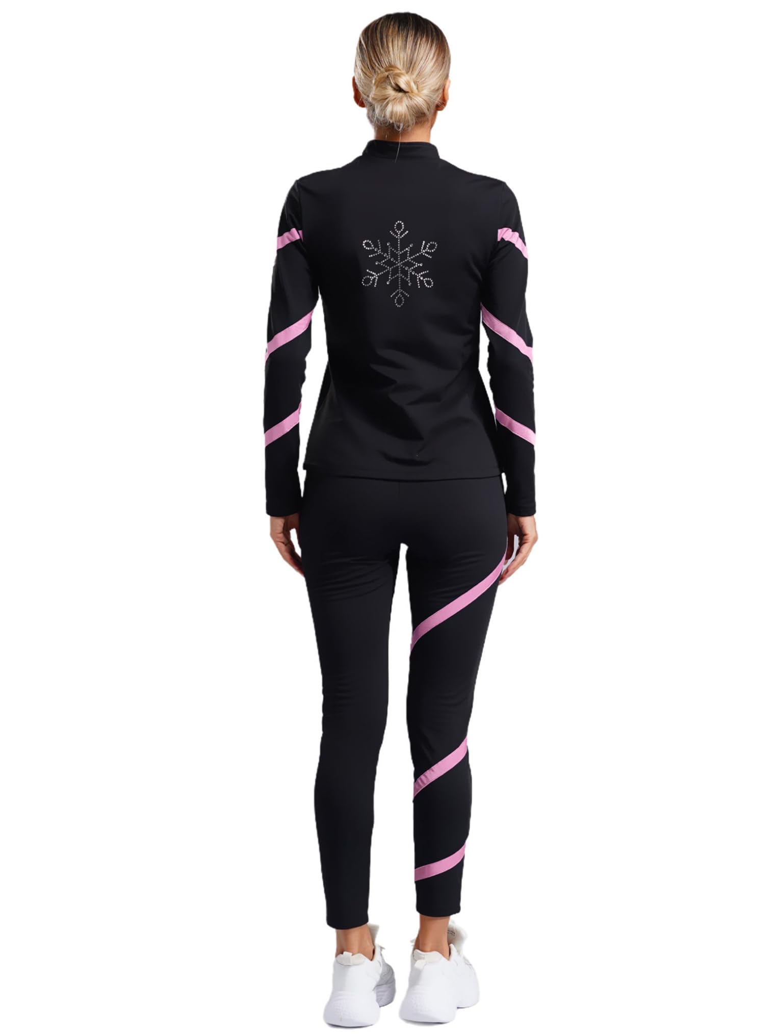 YEAHDOR Women Warm Fleece Ice Skating Suit Figure Skating Training Jacket with Practice Leggings Pants Set Pink X-Large