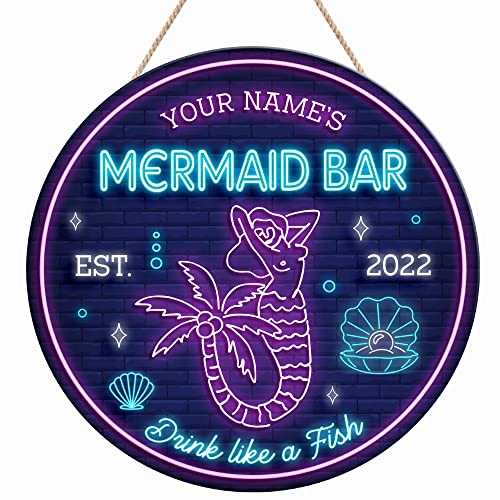Artsy Woodsy Custom Mermaid Bar Wood Sign (Not Carved or Neon), Summer Decor, Coastal Nautical Tropical Beach Decor Outdoor Indoor, Pool Sign, Tiki Bar Backyard Bar & Grill Patio Porch Deck (02)