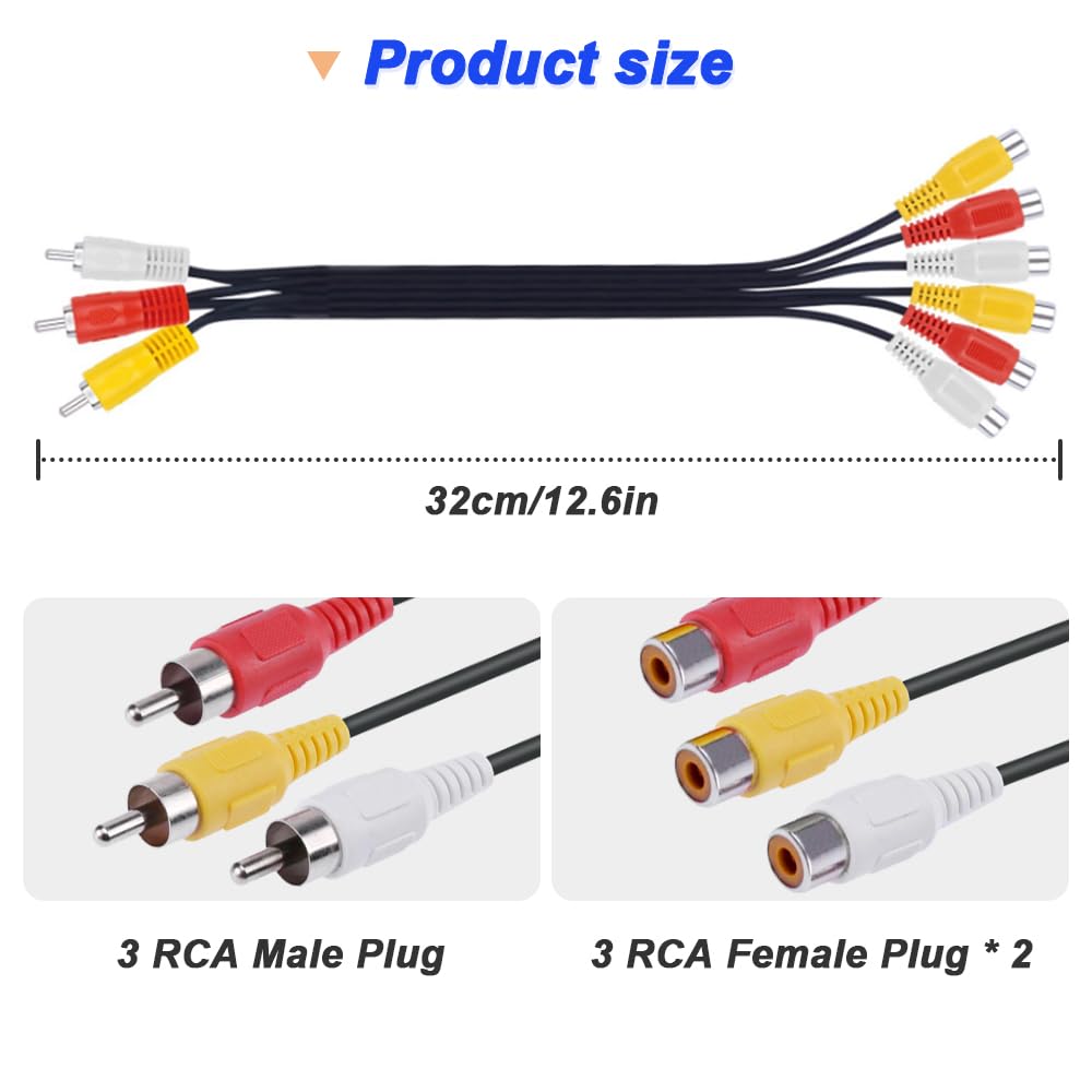 Cable divisor RCA, 3 conectores RCA macho a 6 conectores RCA hembra, cable divisor adaptador AV de audio y video para laptop, computadora, proyector (paquete de 2, 32 cm)
