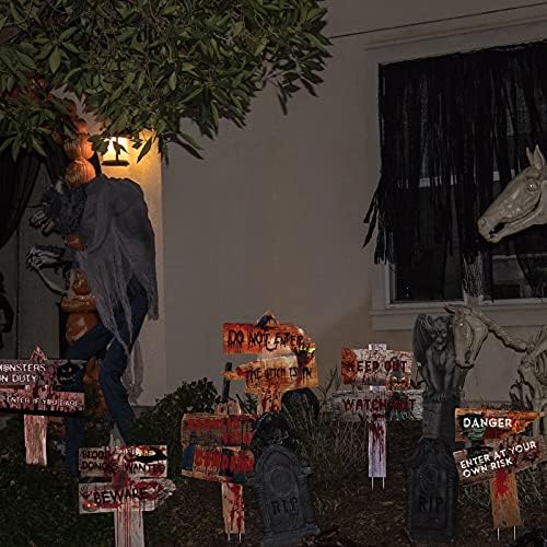 ADXCO 6 Pack Halloween Outdoor Decorations Scary Yard Signs Beware Props Lawn Warning Sign Stakes for Halloween Decorations, Scary Theme Party Decor, 15 x 11 Inch