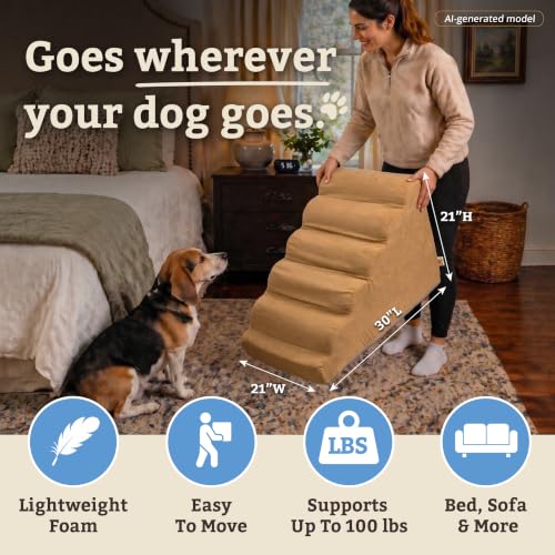 Image of Snoozer Scalloped Dog Ramp, 21 inch Tall Foam Pet Stairs, 5 Steps, Camel