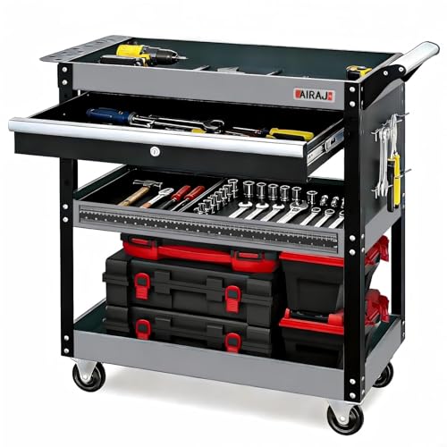 AIRAJ 3-Tier Rolling Tool Cart 200kg Load Capacity Heavy-Duty Tool Trolley with Four Swivel Castors(2 Brake Wheels) Tool Storage Cart on Wheels with Locking System Suitable for Garages and Warehouse