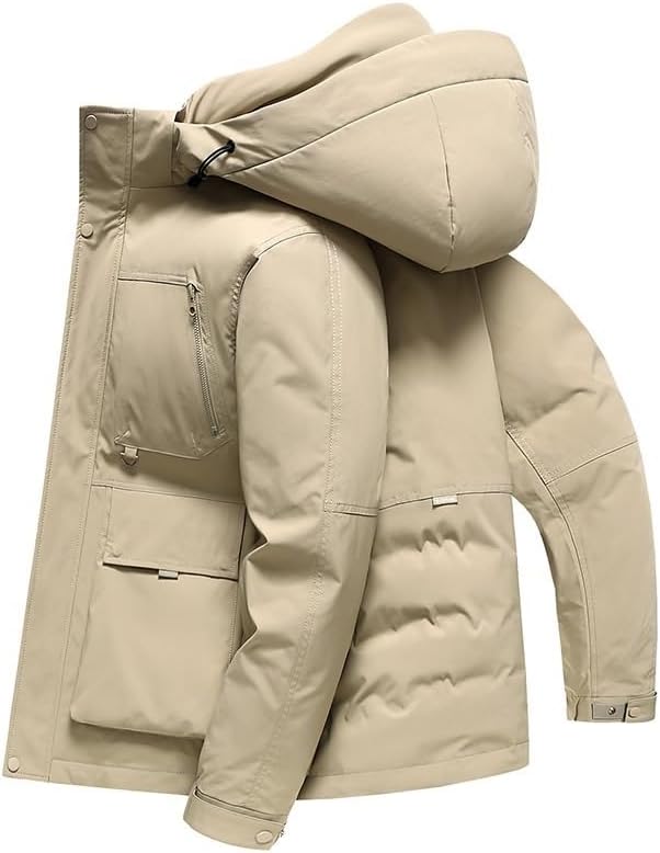 Mens Mid Length Hooded Down Jacket Removable Hood Thick Warm Winter Puffer Coat Trendy Outerwear