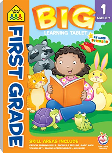 School Zone - First Grade Big Learning Tablet Workbook - 240 Pages, Ages 6 to 7, Stickers, Addition, Subtraction, Vowels, Sentence Completion, and More (Easy-Tear Top Bound Workbook)