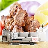 Murales de pared de tamaño personalizado, brochetas de carne a la parrilla, primer plano de cocina gourmet, jugosa barbacoa con limón y verduras, tela de pared autoadhesiva (sin PVC), papel tapiz