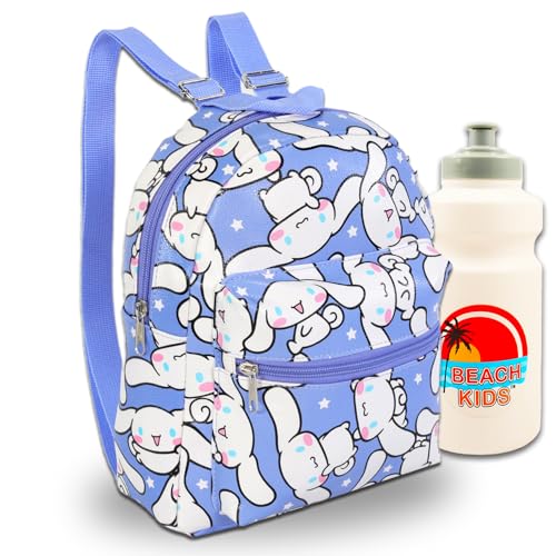 SANRIO Cinnamoroll Mini mochila para meninas – Mochila de couro sintético de 25,4 cm com bolso frontal e garrafa de água | Pacote de mochila escolar pequena