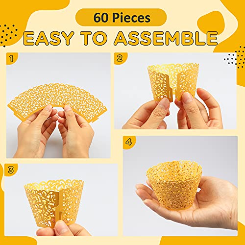 WSERE 60 Pieces Gold Cupcake Wrappers, Lace Liner Muffin Paper Cake Wraps Decorations, Safety Health for Wedding Party Birthday Decor