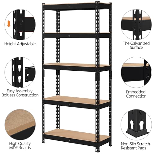 Topeakmart-5-Tier-Utility-Shelves-Metal-Storage-Shelves-Adjustable-Shelving-Units-Boltless-Assembly-Garage-Shelves-Shed-Shelving-for-Warehouse-Garage-Shed-Basement-Black-275-x-12x-60-Inch
