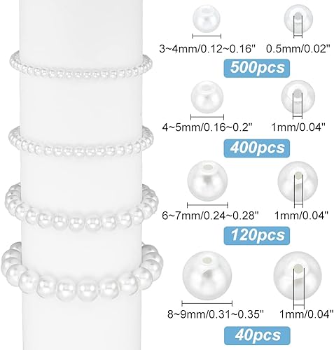 Miniatura 3 de PH PandaHall Cuentas de perlas blancas, 1060 perlas de vidrio de 0.118 pulgadas, 0.157 pulgadas, 0.236 pulgadas, 0.315 pulgadas, redondas, sueltas,