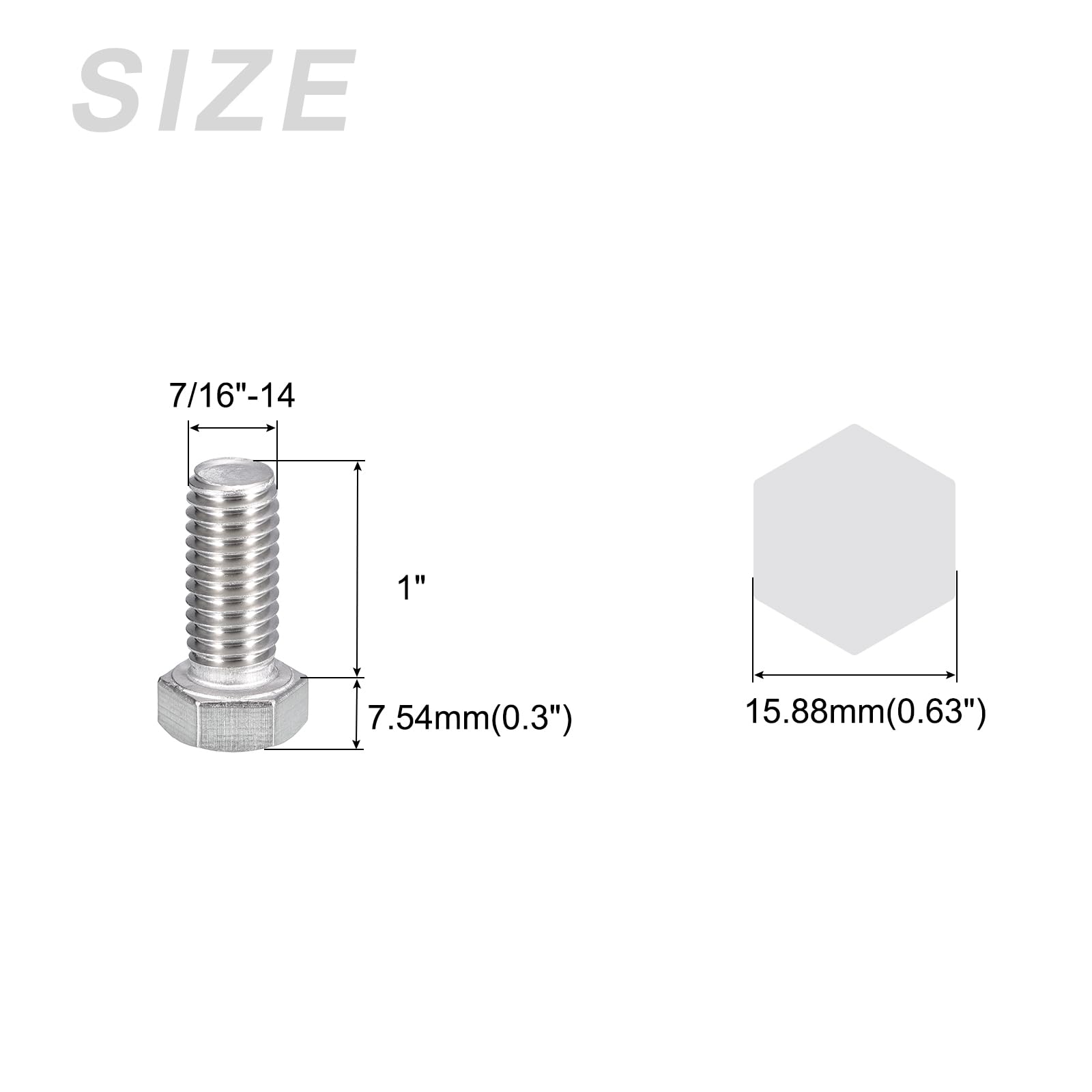 METALLIXITY Hex Head Bolts (7/16-14 x 1") 5Pcs, 304 Stainless Steel 18-8, Fully Threaded, External Hex Drive, Plain Finish - Image 2