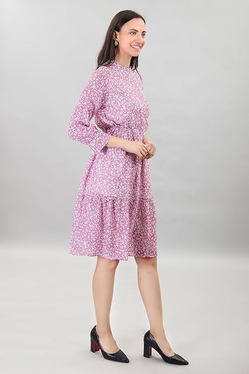 Image of A-Line Floral Printed Fit & Flared Western Brown Dress for Women | One Piece Midi Dress for Women Stylish Western Printed Dresses