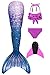 BOSKRU Meerjungfrauenflosse Mädchen Badeanzug - Meerjungfrau Flosse Bademode mit Bikini Set und Monoflosse, 4 Stück Set, Mehrfarbig (PS02), 150