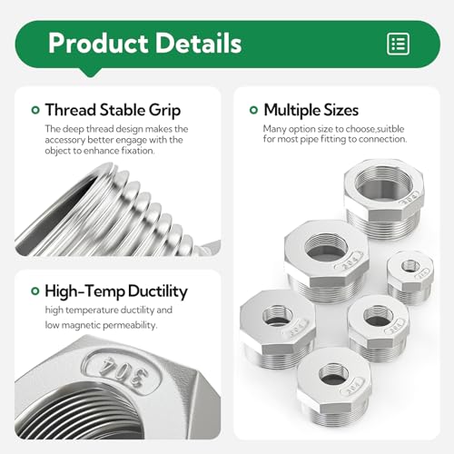 Image of TAISHER 2PCS 304 Stainless Steel Reducer Hex Bushing, 1-1 /2 inch NPT Male x 1 /2 inch NPT Female, Reducing Pipe Adapter Fitting