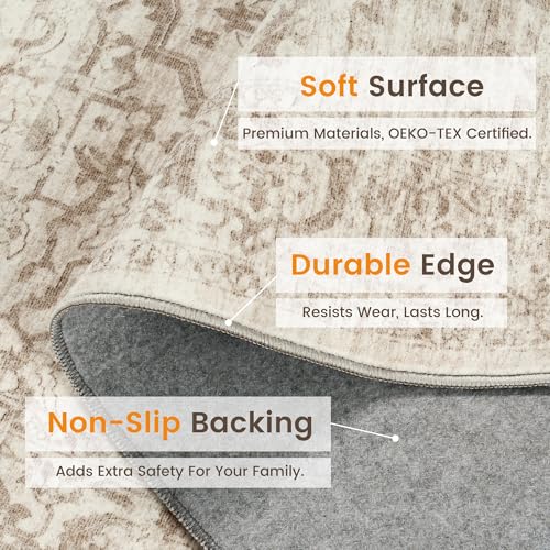 Rugland 5x7 Area Rugs - Stain Resistant Washable Rug, Anti Slip Rugs for Living Room, Vintage Tribal Area Rugs(Distressed Beige, 5'x7')
