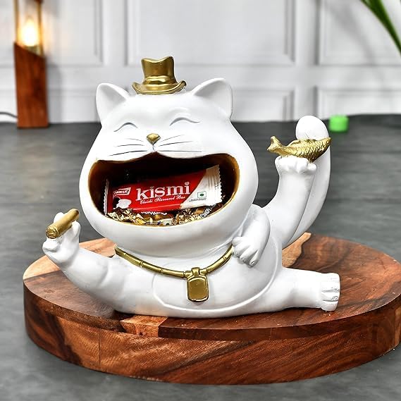 Generic Shailja enterpirse Cat with Hat Statue for Storage Purpose for Home Decor Showpiece Figurine, Standard, White image 2