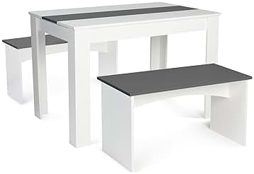 Comprar IDMarket - Juego de mesa de comedor y 2 bancos Rozy para 4 personas, blanco y gris, 110 cm