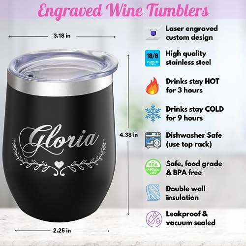 Gifts Inscribed Personalized Wine Tumbler with Lid – Custom Engraved Stainless Steel Insulated Mug for Hot & Cold Drinks – Customized Bridesmaid, Wedding, or Birthday Gift (Custom Designs, Black)