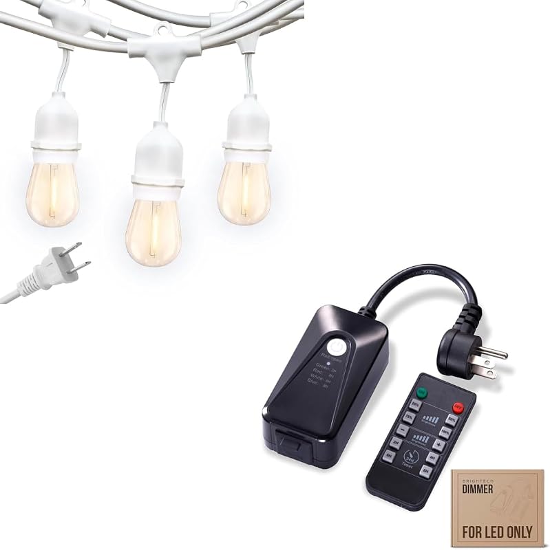 Brightech Bundle: Ambience Pro - Cadena de luces LED impermeables para exteriores, bombillas Edison vintage de 2 W regulables, color blanco + enchufe regulador para exteriores
