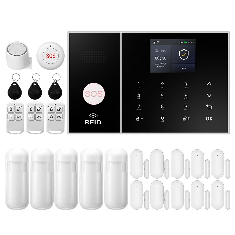 XNY Allarme Casa Wifi, Antifurto Casa wireless, Kit Allarme Casa Senza Fili 4G con APP Alert, Rilevatore di Movimento, Sensore Finestra Porta, Telecomando, Sirena (PG-108-4G-F)