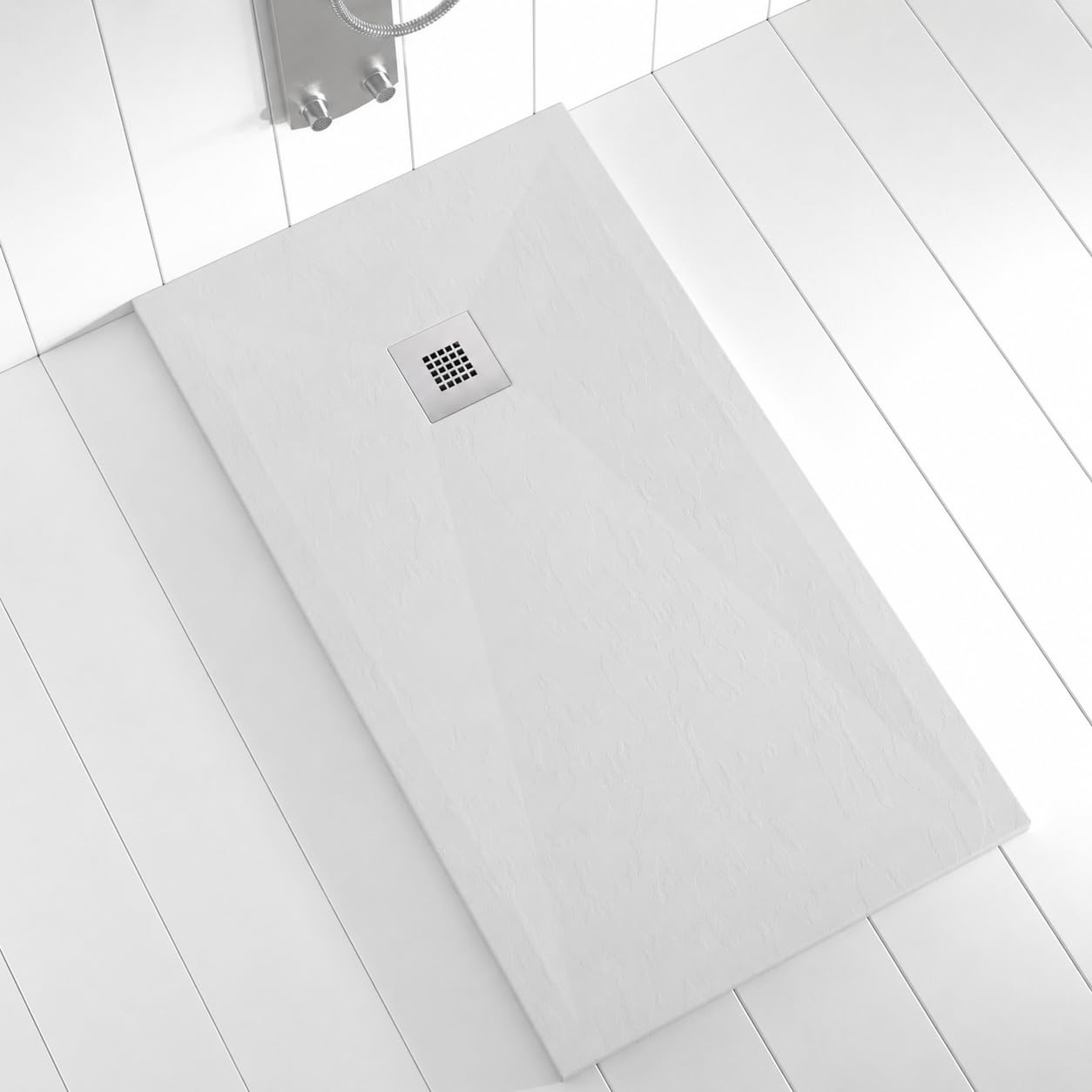 Receveur de douche en résine PLES Gris RAL7035 130x90 – Texture ardoise – Antidérapant – Grille et siphon inclus
