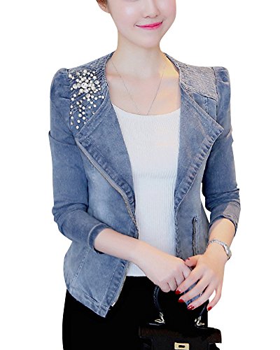 Yonglan Donna Corto Giacca di Jeans Risvolto