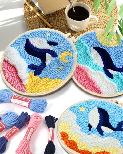 Image of TINDTOP Punch Needle Kits, Punch Needle Embroidery Kits for Adults | 3 Pack, Tool with Punch Needle Fabric, Hoops, Yarns and Sewing Needles (Whale)