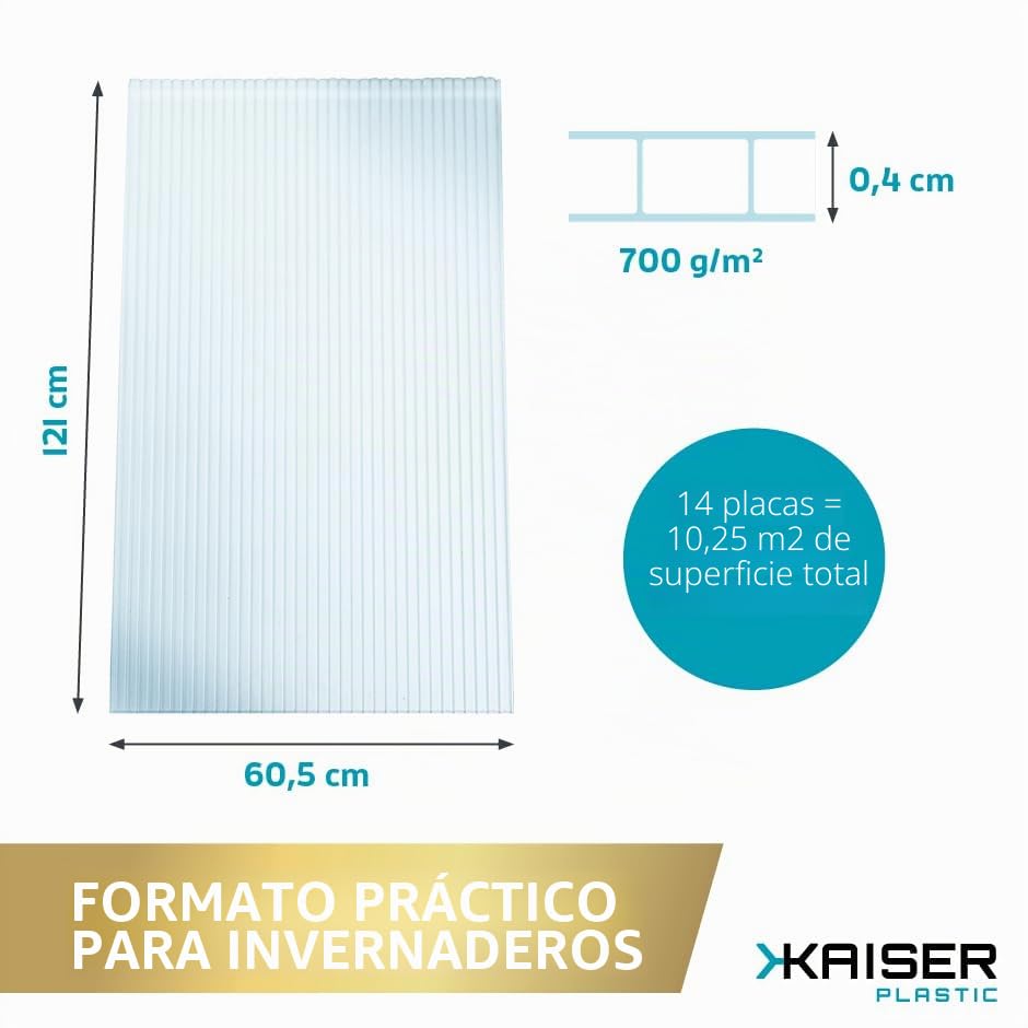 KAISER plastic Xtra Strong Juego de 14 placas de invernadero, grosor de 4 mm, 1210 x 605 mm, policarbonato (PC), 10,25 m2, peso: 700 g/m2, placa de cámara hueca