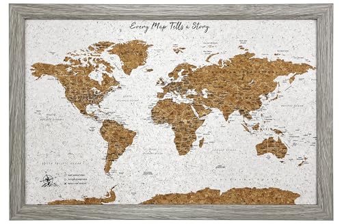 World Map Pin Board Travel Map Gray Frame | Framed Pinboard | Cork Wooden Design | 70 Push Pins Included | 14.2'' x 21.2'' Personalised Home Wanderlust Decor for Travelers