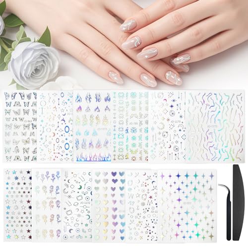 Bigqin - 12 Hojas Pegatinas Uñas, DIY Autoadhesivas Decoracion Uñas Flores de Primavera y Verano Estrellas, Mariposas, Corazones y Universos,Incluye Pinzas y Lima de Uñas