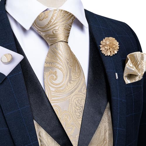 Image of DiBanGu Mens Paisley Suit Vest Silk Jacquard Waistcoat and Necktie Set Formal Shawl Collar Dress Vest 7PCS for Wedding Party