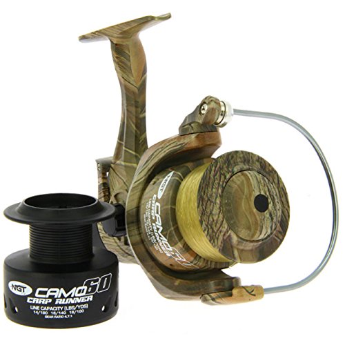 NGT Camo 60 3BB Carp Runner Baitrunner Reel With 12lb Line + Spare Spool + Padded Reel Case