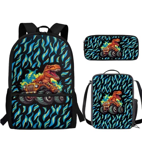 Jndtueit Mochilas para niños, bolsa de almuerzo, estuche para lápices para preescolar, jardín de infantes, primaria, Dinosaurio naranja, llama azul