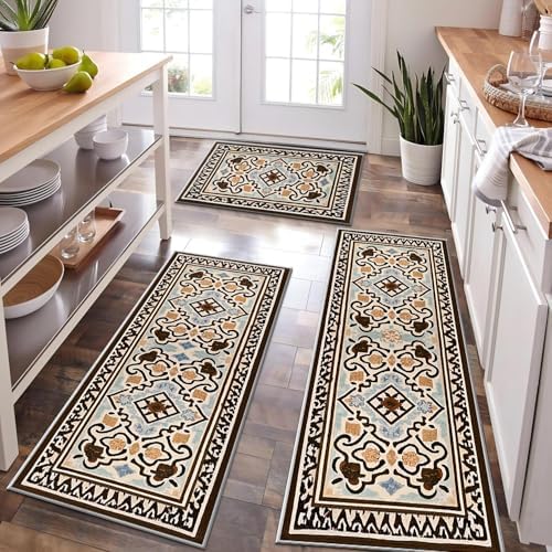 Farmhouse Kitchen Rugs Set of 3 Washable Throw Rugs with Rubber Backing Non Slip Floor Mats Carpet for Kitchen, Laundry Room, Hallway