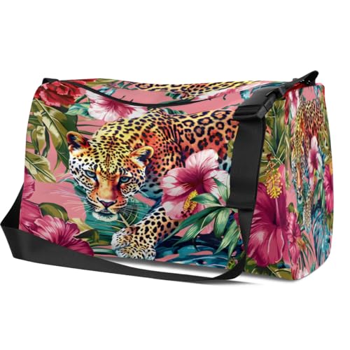 Leather Travel Duffle Bag for Women Men, Leopard Tropical Flower Floral Small Sports Gym Bag Weekender Overnight Bags Underseat Carry on Luggage Bags for Airplanes, Personal Item Travel Bag,B-9153