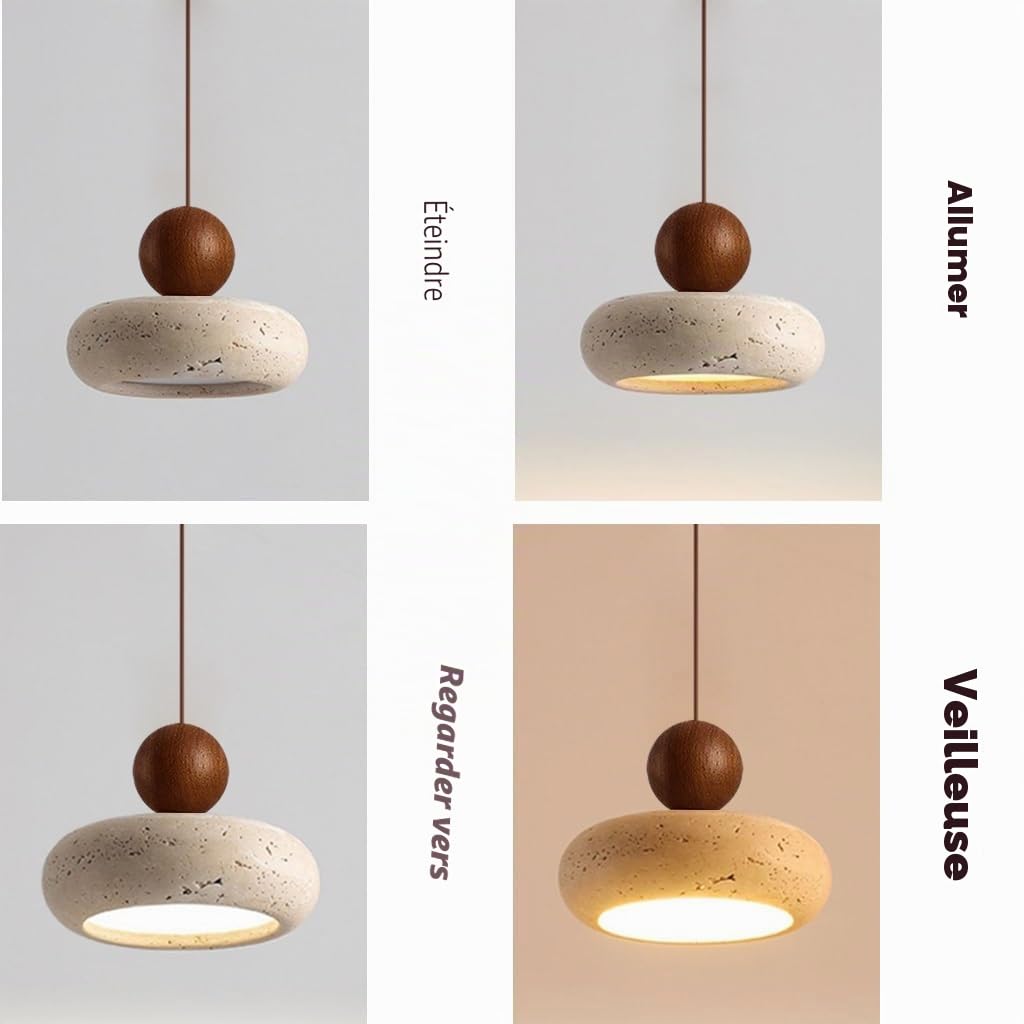 Suspension Bois À LED Lustre Nordique En Travertin Suspension Réglable À Trois Lumières Lamp De Cuisine Vintage Style Japonais Wabi-sabi Convient Salle À Manger Salon Chambre À Coucher(A1)