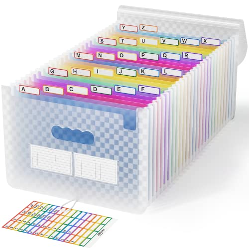 ABC life 26 Pockets Accordion File Organizer, Expanding File Folder, Portable Monthly Paper Bill Tax Receipt Organizer, Letter A4 Size Document Organizer with Labels - Blue