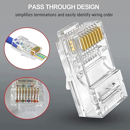 Image of FEDUS 100 Pcs RJ45 Cat6 Pass Through Connector RJ45 Ends, Cat5, Cat5e, Cat6 8P8C RJ45 Connector, Ethernet Cable Crimp Connectors UTP Network Plug Solid Wire and Standard Cable, LAN Crimp Module Plugs