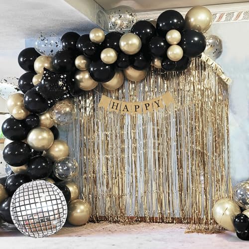 Black and Gold Balloons Garland Arch Kit, 18 12 10 5 Inch Black Metallic Gold Balloon Arch Kit, Champagne Gold Party Decorations with 4D Disco Balloon for Graduation Birthday Retirement New Year