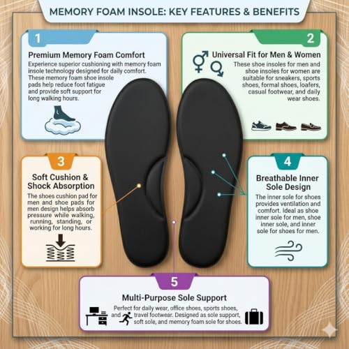 Image of Memory Foam Insole with 7.5-Inch Orange-Black Green- Blue- Yellow MultiColor Shoe Horn | Soft Cushion Foot Pad for Men & Women + Portable Travel Helper for Easy Wearing |Tree Combo (Black, 8)